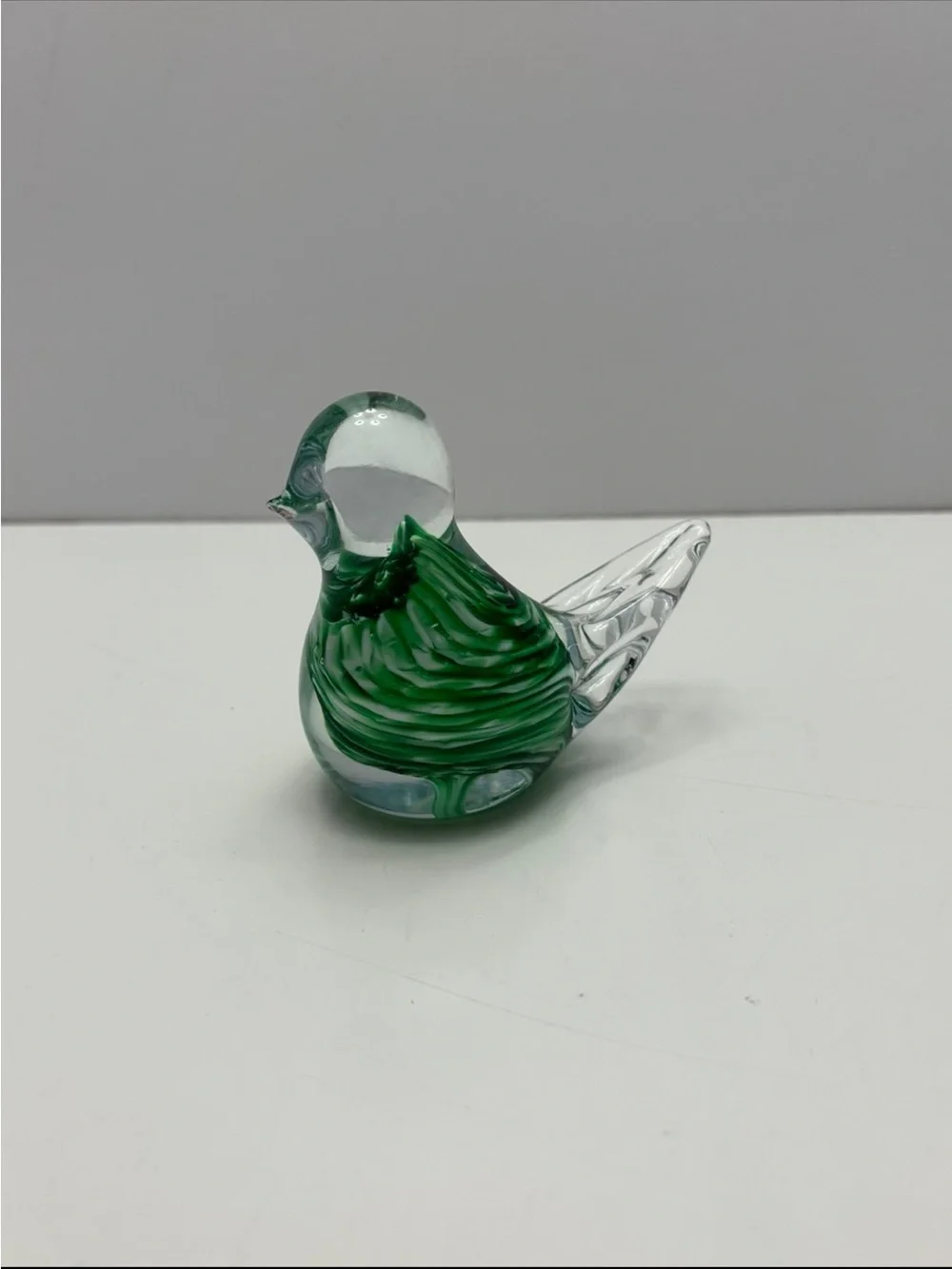 vintage handblown art glass bird figurine clear head and tail and marble green